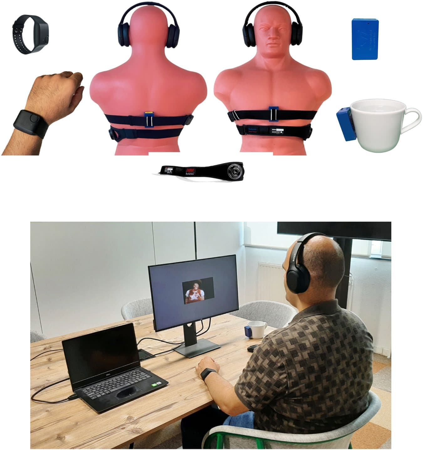 Fig. 1  (a) Sensor setup used in the dataset. Wearable hardware included: two ST SensorTile.boxes secured  with elastic strap, Zephyr BioHarness 3 strap worn on left body side, and Empatica E4 wristband, all having  contact with the body skin. An additional ST SensorTile.box was connected to a cup of water. Arrows indicate  the positive direction of the Cartesian coordinate system for each sensor, based on which acceleration data is  reported in the mat and csv packages. Reprinted with permission from IEEE55, slightly modified afterwards.  (b) An author demonstrates the complete experimental setup in action.